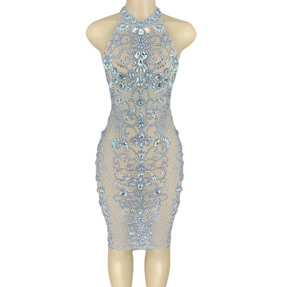 

Sexy Mesh See Through Party Crystal Dress Women Halter Backless Evening Bodycon Dress Club Singer Perspective Rhinestone Dress