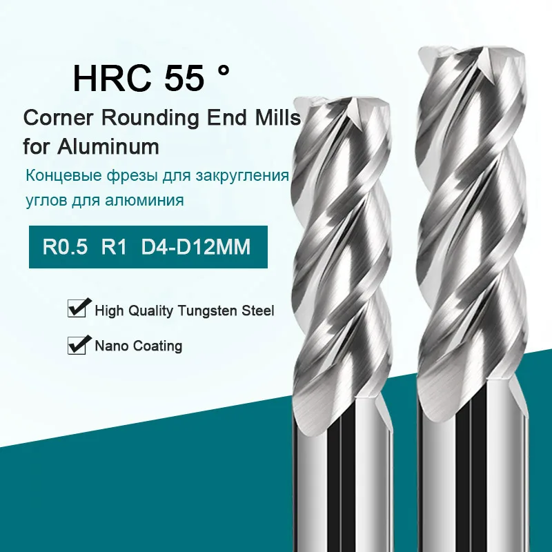 Tungsten Carbide Corner rounding End Mills CNC Milling Cutter 3 Flutes CNC Tools Round Nose Router Bit R1 R0.5 For Aluminum 55