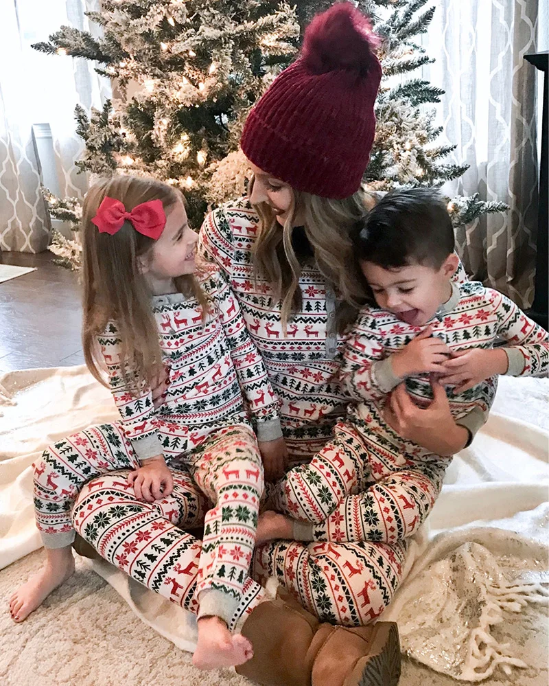 Family Matching Christmas Pajamas Set Casual Nightwear Family Set Print Long Sleeve Top+Pants Autumn Winter Sleepwear