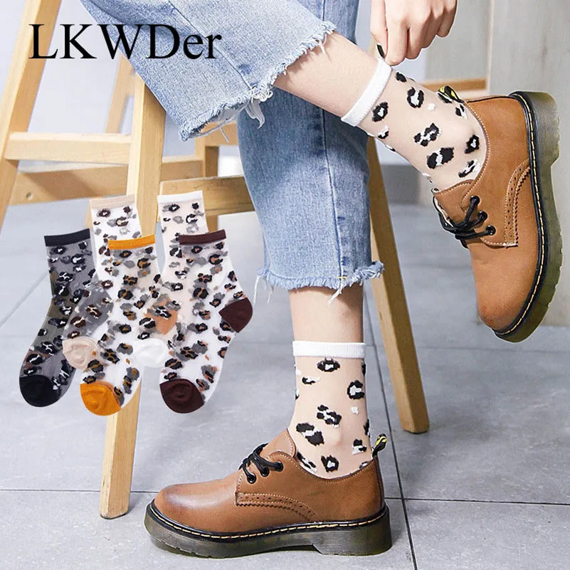 

LKWDer 5 Pairs Women's Socks Summer Autumn Thin Crystal Mesh Leopard-print Transparent Socks Female Dots Glass Silk Socks Meias