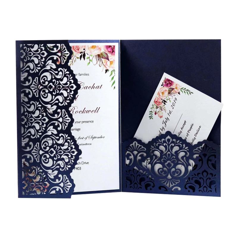 50pcs Blue Laser Cut Wedding Invitation Card Greeting Card DIY Print With RSVP Card For Birthday Business Party Wedding Decor