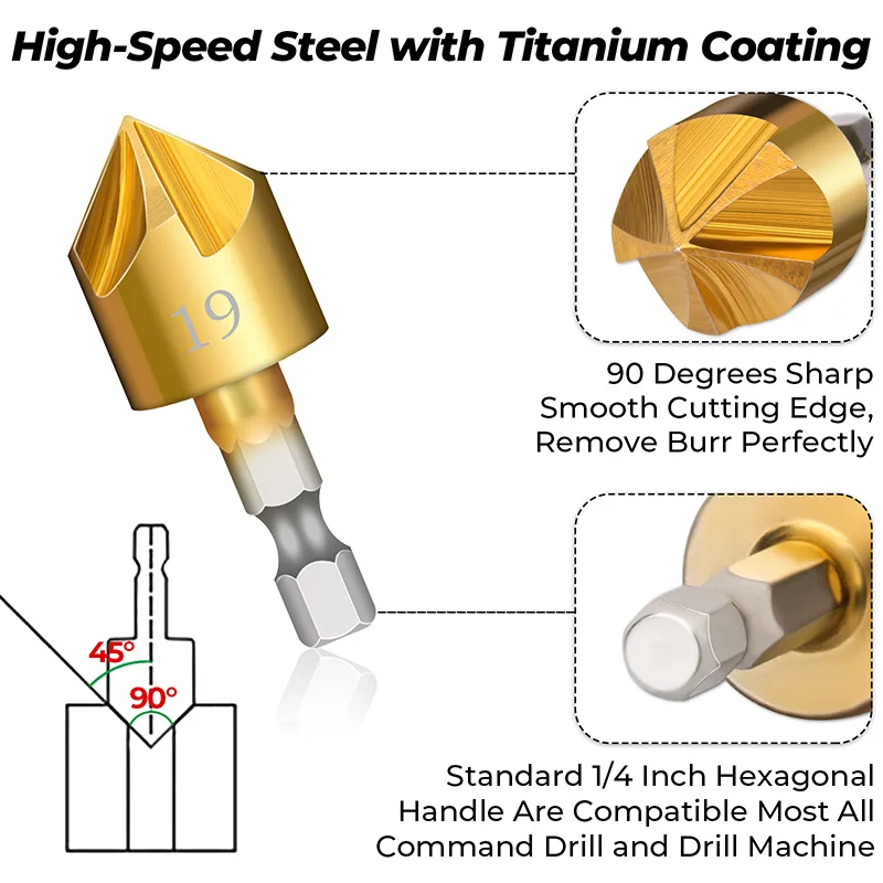 6 قطعة 5 الناي الشطب موازنة 1/4 "عرافة عرقوب HSS 90 درجة الخشب الشطب القاطع الشطب 6 مللي متر-19 مللي متر مثقاب الحفر بت