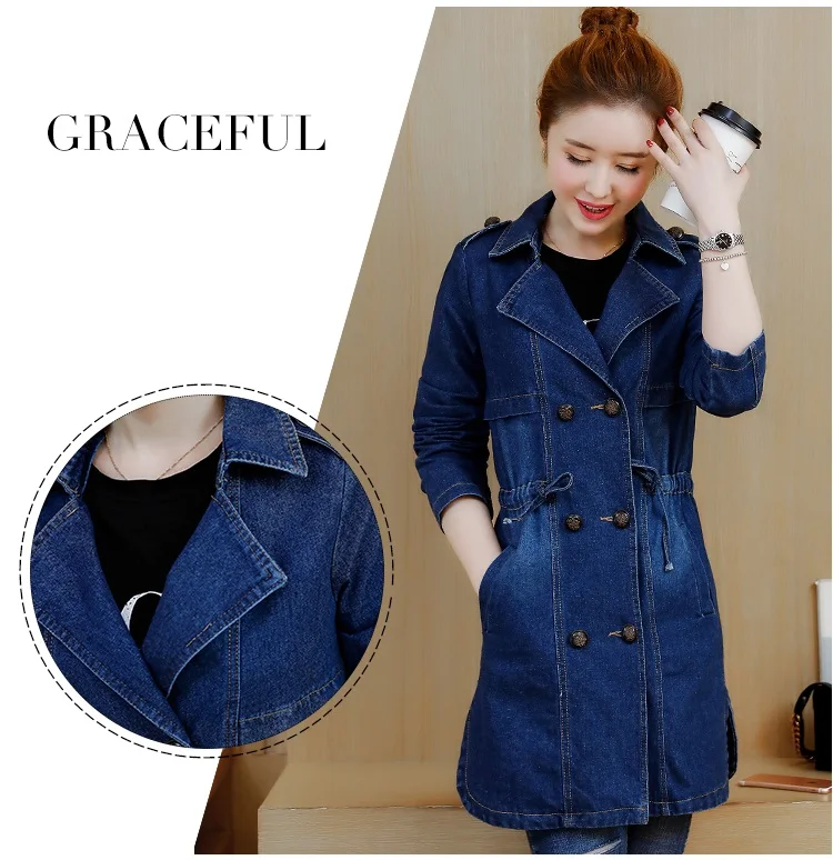 2023 Denim Jas Vrouwen Lange Trenchcoat Herfst Brief Borduren Double-Breasted Denim Jassen Dames Kwaliteitsborging 1684