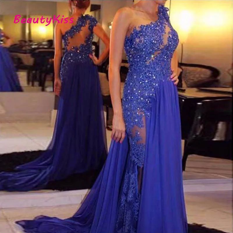 

Royal Blue Evening Dresses See Through One-Shoulder Floor Length Appliqued Lace Chiffon Prom Dress A-Line Party Gowns Plus Size