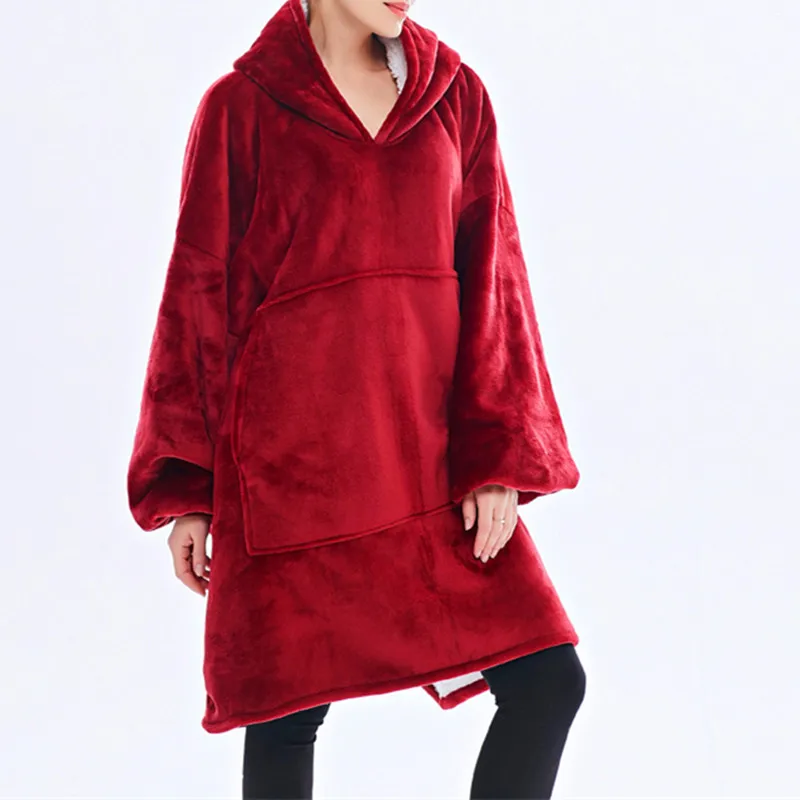 Warm Thick TV Pocket Hooded Blanket Winter Sofa Weighted Blankets Flannel Coral Fleece Unisex Giant Pocket for Beds Travel Home