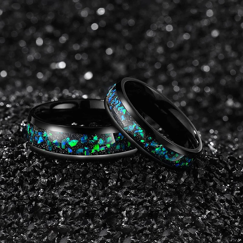 TIGRADE 6MM 8MM Black Titanium Ring with Opal Inlay for Men Women Dome Polished Wedding Ring Size 6-13