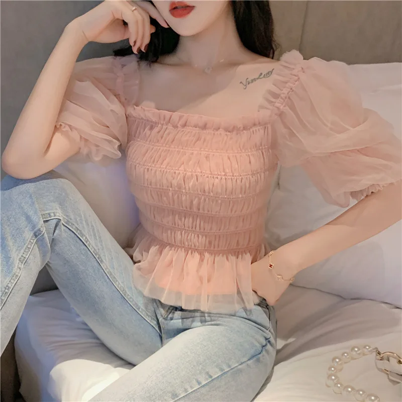 Zomer Mesh Blouses Vrouwen Zoete Bladerdeeg Mouw Gaas Blouses Dames Elegant Shirt Tops Vierkante Hals Ruffle Ruches Chiffon Roze Top