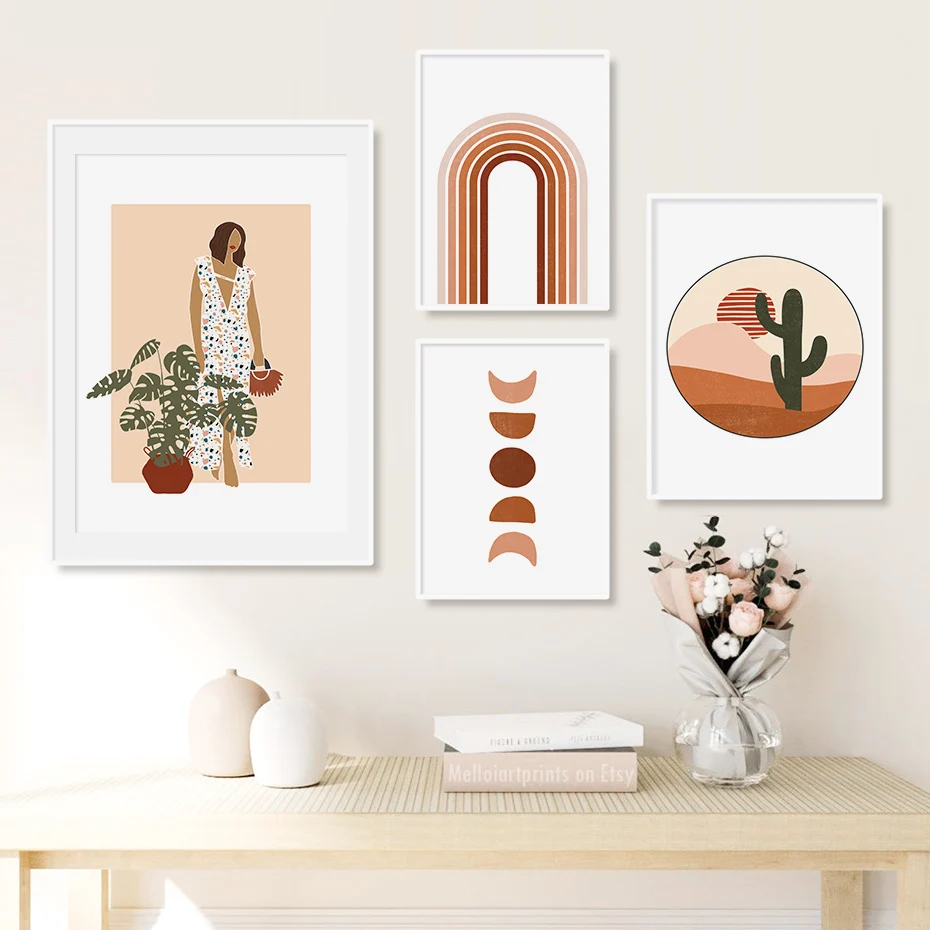 Modern Abstract Boho Style Landscape Moon Cycle Canvas Painting Wall Art Prints Pictures Poster Over the Table Home Decorative