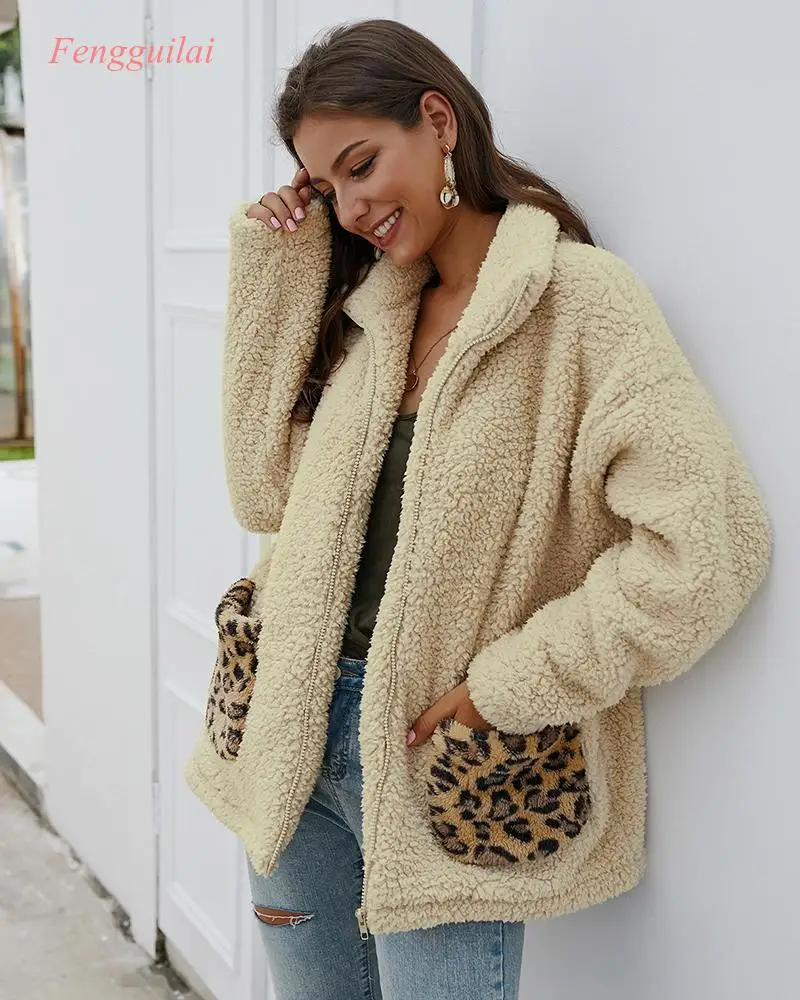 Leopard Patchwork Casual Teddy Coat Women Faux Fur Coat 2020 Autumn Winter Fur Jacket  Plus Overcoat Outwear