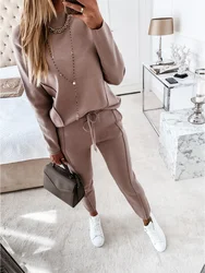 Conjunto de ropa deportiva informal para mujer, jersey de manga larga con cuello alto y pantalones con bolsillo, otoño e invierno, 2 piezas, 2023