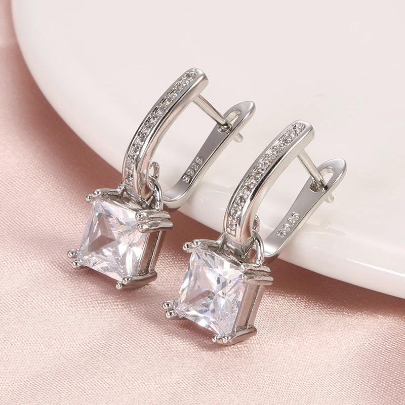 Kinel Simple Square Natural Zircon Earrings for Women Tibetan Silver Korean U Shape Drop Earring Bridal Wedding Jewelry Gifts