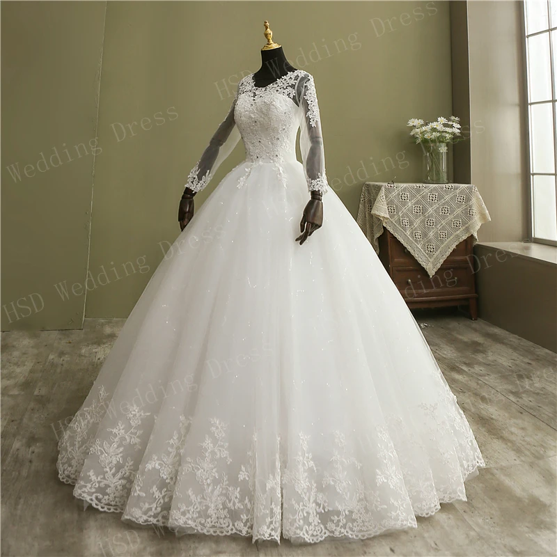 свадебное платье Bridal Ball Gown V Neck Wedding Dress Customized Vestido De Novia Princesa Lace Vintage Long Sleeve Real Image