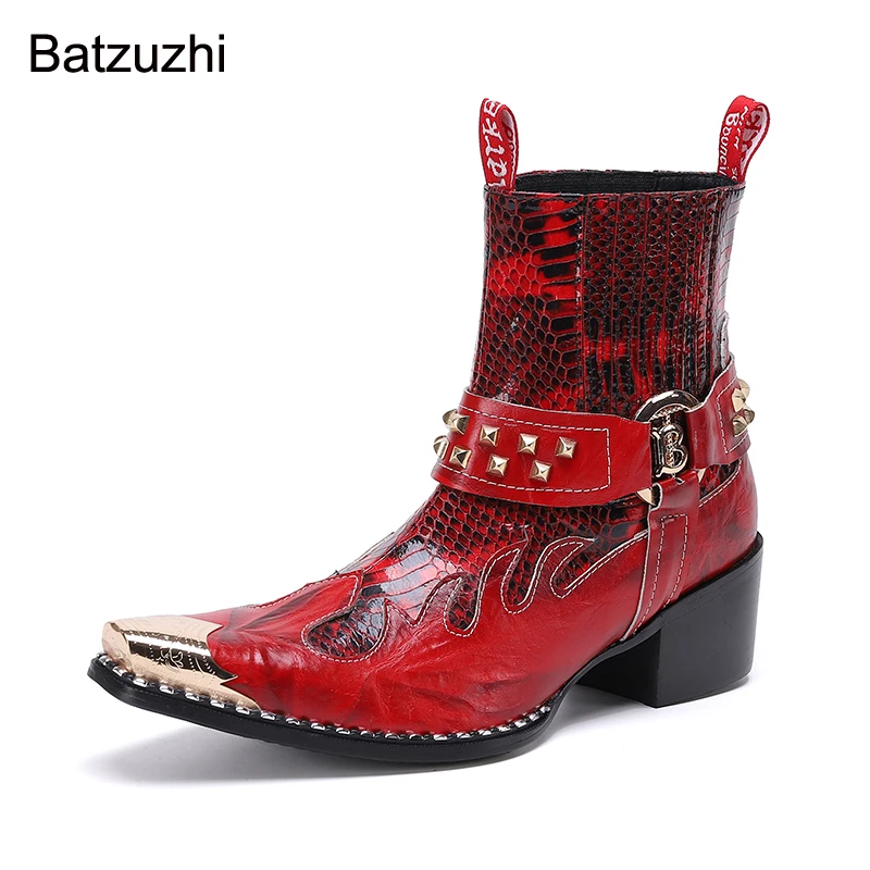 

Batzuzhi Western Cowboy Men's Boots Pointed Toe Iron Head Rock Genuine Leather Ankle Boots Men Red Riding/Motorcycle Party Botas