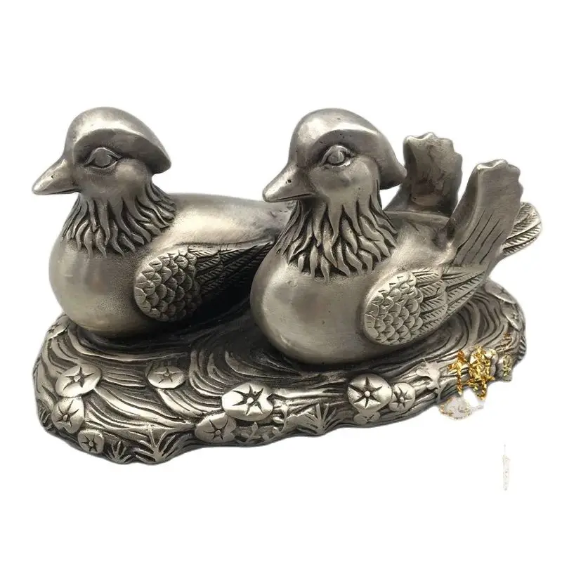 

China's rare miao silver mandarin duck statue wedding metal crafts home decoration