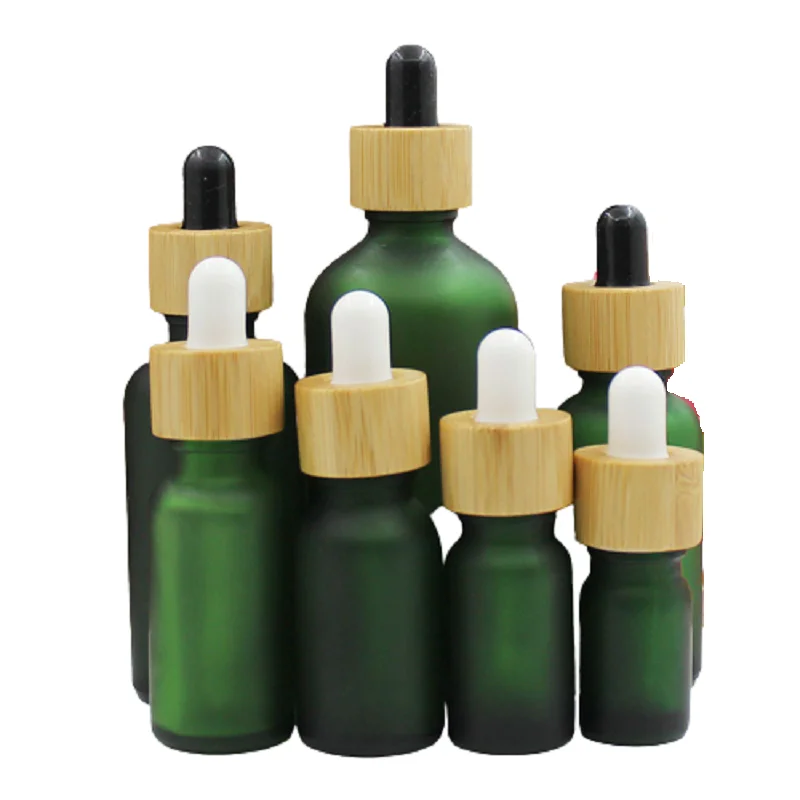 10pcs  Glass Essential Oil Dropper Bottle 5/10/15/20/30/50/100ML Green Frosted Serum Dropper Pipette with False Wood Lid Bottles