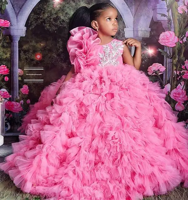 

Luxury Pink Flower Girls Dresses For Wedding Customized Organza Pageant Quinceanera Dress for Little Girls First Communion Dress