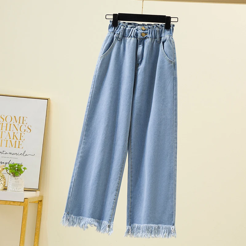 S-5XL Straight Jeans For Women 2022 Spring Autumn Tassels Blue Loose Denim Trousers Elastic Waist Wide Leg Pants