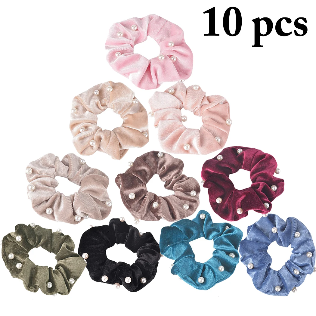 

10pcs Velvet Scrunchie Women Girls Pearls Elastic Hair Rubber Bands Accessories Gum For Women Tie Hair Ring Rope Ponytail Holder