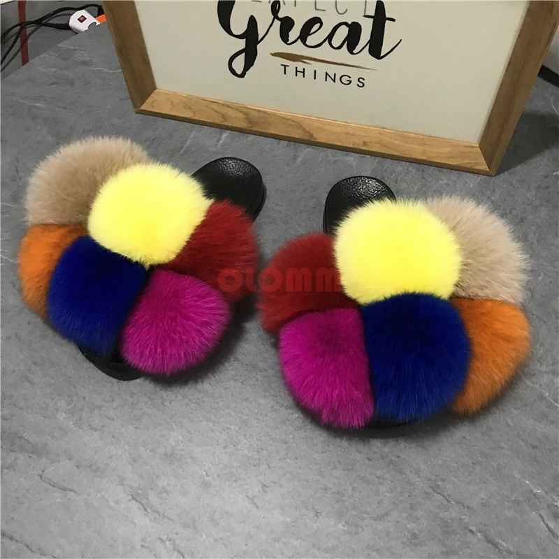 Fox Hair Slippers Women Fur Home Fluffy Sliders Plush Furry Summer Flats Sweet Ladies Shoes Large Size 45 Hot Sale Cute Pantufas