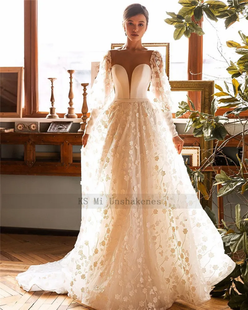 Elegante Vestido de novia de manga larga, de encaje, línea A, con botones traseros transparentes, Vintage, 2021