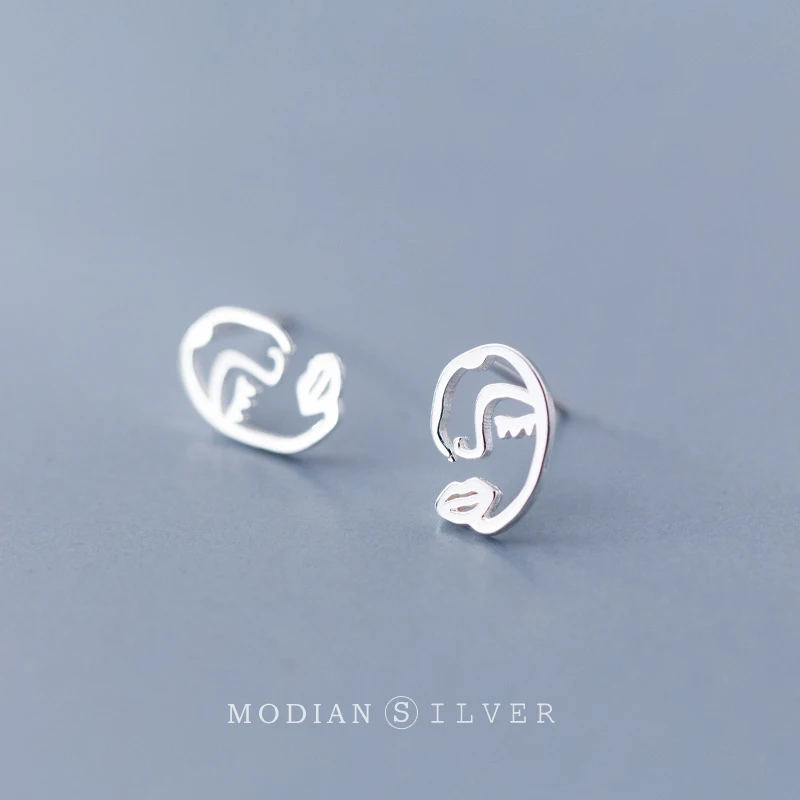 Modian Abstract Design 925 Sterling Silver Face And Lips Line Stud Earrings Silver for Women & Girls Sterling-Silver-Jewelry