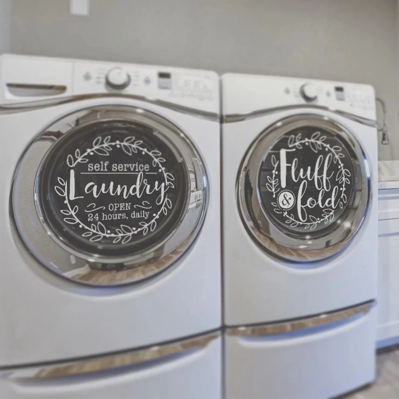 Laundry Room Decor Self Service Laundry Fluff & Fold Vinyl Sticker Set Washer Dryer Vinyl Decal With Floral Wreath Stickers