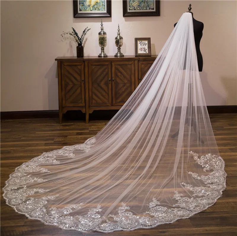 Branco Marfim Véu De Casamento 108 "W X159" L (4 Metro) Catedral Véus De Casamento Longo Rendas Véu De Noiva com Pente Acessórios Do Casamento