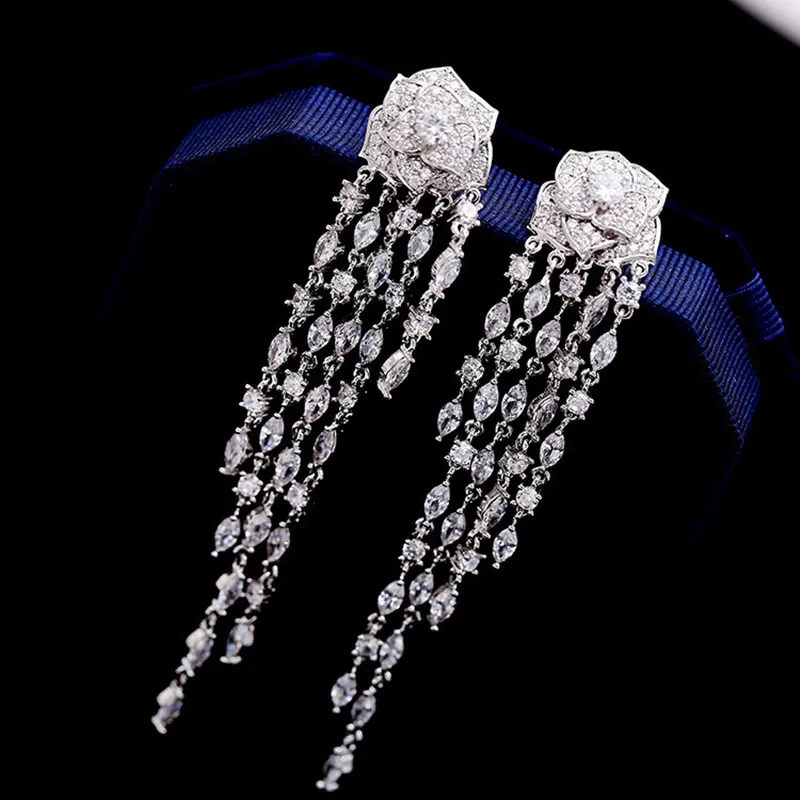 FXLRY High Quality Fashion AAA Cubic Zirconia Tassels Hyperbole Camellia Long Drop Earrings For Women Fine Jewelry