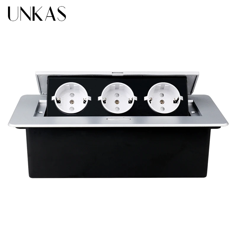 UNKAS Zinc Alloy Plate Slow POP UP 3 Power EU White Socket Office Meeting Room Hotel Table Desktop Outlet Silver Cover