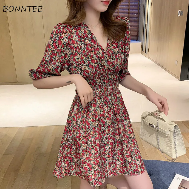 Dress Women V-neck Floral Print Tunic Top Vacation Boho Romantic Retro Summer New Short Sleeve Ladies Chic Fashion Daily French