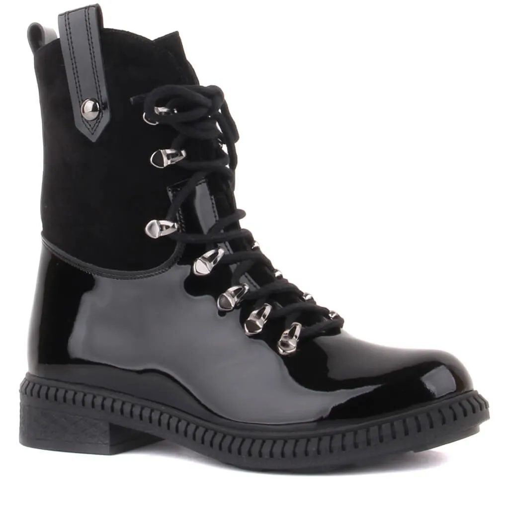 Sail-Lakers Hitam Patent Kulit, Suede Ritsleting Wanita Sepatu