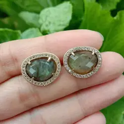 YYGEM 15x18mm Natural Faceted Labradorite Cubic Zirconia Pave Bezel Set  Stud Earrings