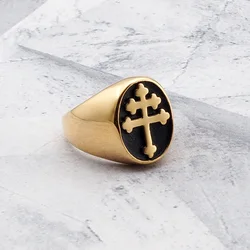 Gothic 316L Stainless Steel Gold-Color Plated Men's Classic Lorraine Cross Signet Ring Jewelry For Friend Gift