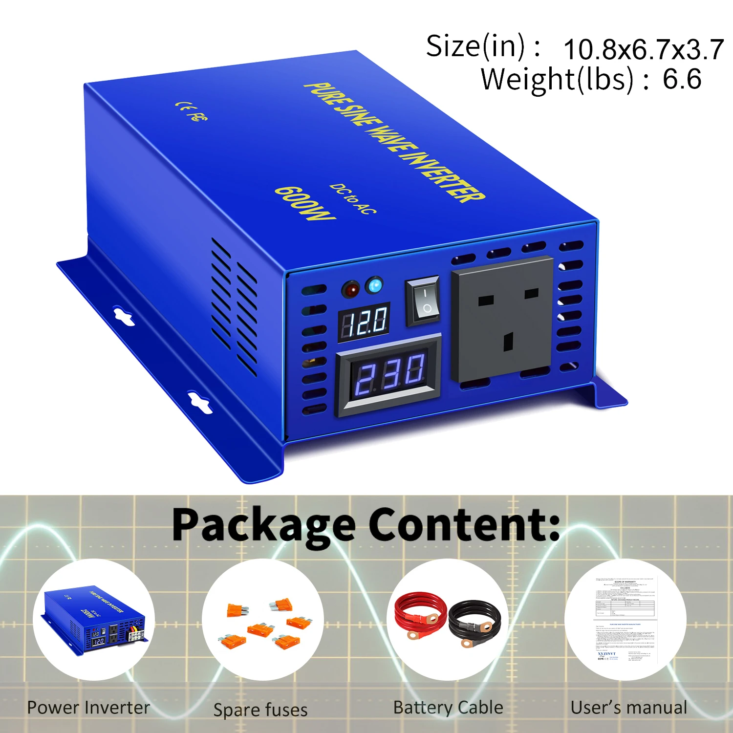 

XYZ INVT Inverter Pure Sine Wave 600W 12v 220v DC to AC for Car Customizable Multiple Plugs Off-grid Solar Poewr Inverter