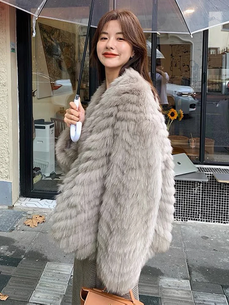 Women Thick Natural Real Fox Fur Freesize Winter Warm Pink Real Fox Fur Overcoat Blue Fur Coat