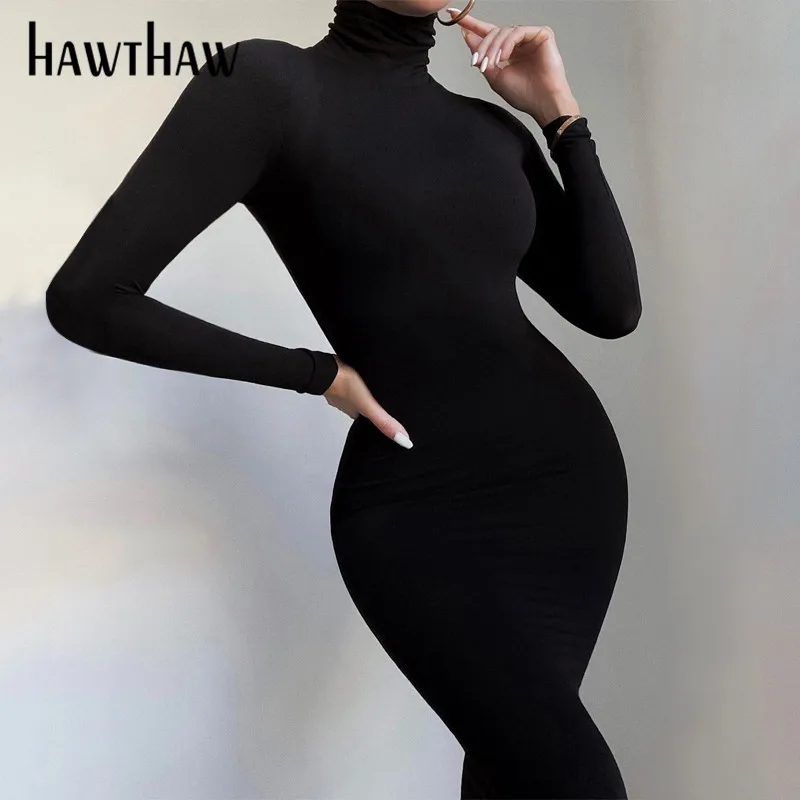 Hawthaw Women Autumn Winter Long Sleeve Bodycon Soild Color Turtleneck Jumpsuit Romper Playsuit 2020 Famale Clothing Streetwear