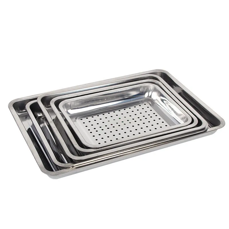 Stainless Steel Food Storage Tray Rectangular Drain Baking Pan Thicken Durable Drainer Plates Home Kitchen Organizer Accessories