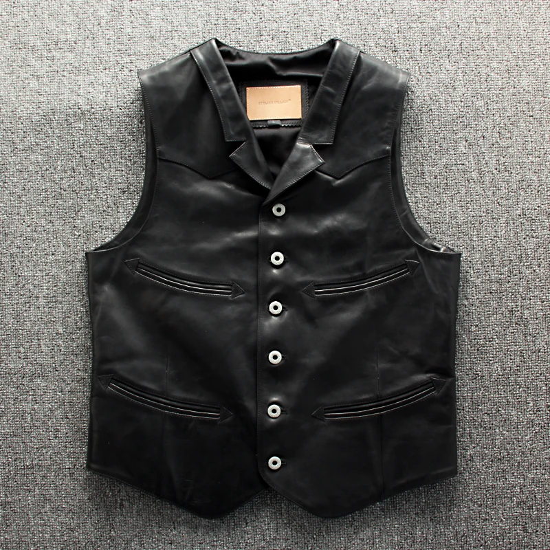 

Horsehide Genuine Mens Vest Motorcycle Biker Vests Real Leather Suit Collar Casual Sleeveless Jackets Waistcoat