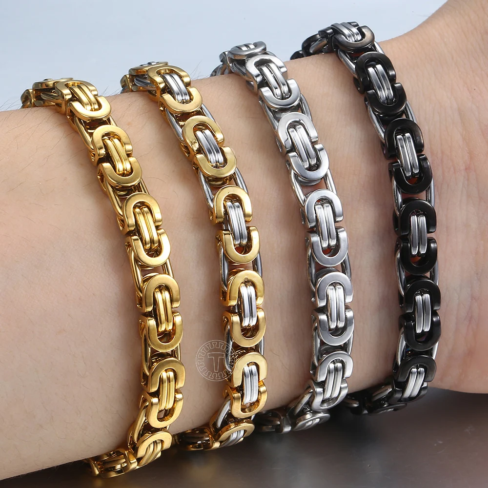 7/9/11mm Men's Bracelet Stainless Steel Byzantine Link Chain Gold Color Black Bracelets Male Jewelry 7-11