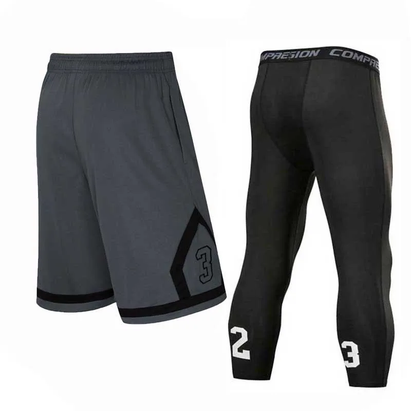 Men Basketball Sets Sport Gym QUICK-DRY Workout Suit Shorts + Tights Male Soccer Exercise Hiking Running Fitness Tracksuit 162S