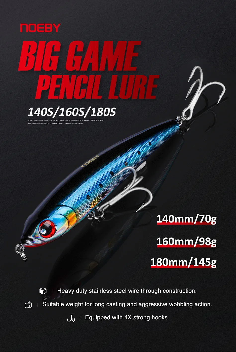 Noeby Stickbait Angelköder 14cm70g 16cm98g 18cm145g Sinkender Bleistift-Kunstköder für Meeres-Thunfisch-Salzwasser-Angelköder – Detail 2