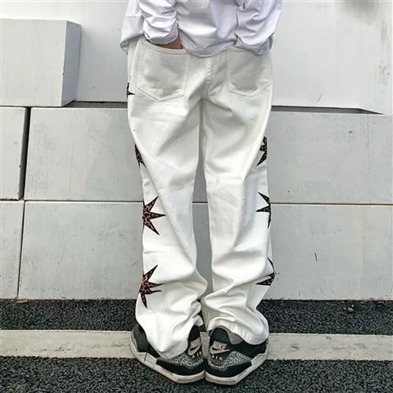 High Street Streetwear Mens Embroidery Overalls Side Leopard Patch White Loose Wide Leg Man Trousers Hip Hop Mens Joggers Pants