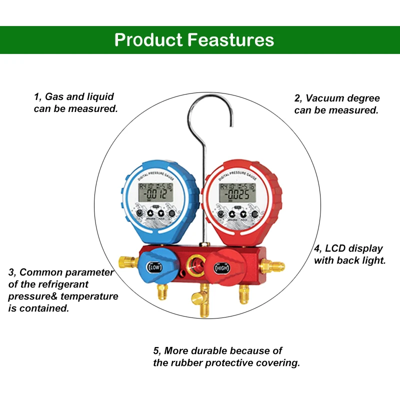 Pressure Gauge Manifold Refrigeration Digital Vacuum Tester Meter HVAC Temperature Tester Manifold Air Condition Refrigeration