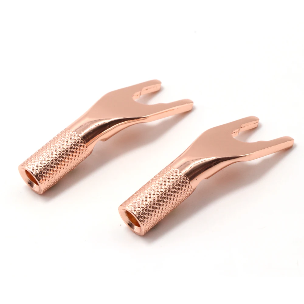 ハイファイ銅メッキオーディオフォークコネクタプラグ、スピーカーケーブルコネクタネジ溶接端子スペードハイファイスピーカーケーブルプラグ