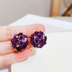 Romantic Charm Big Rose Flowers Stud Earrings for Women Elegant Luxury Crystal Earrings Female Wedding Party Jewelry Accessories