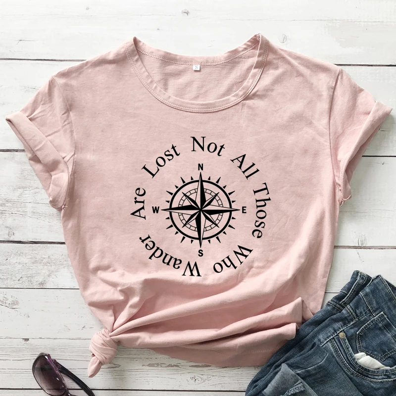 Not All Those Who Wander Are Lost Compass T-shirt Funny Traveller Quotes Tshirt Casual Women Short Sleeve Explore Top Tee