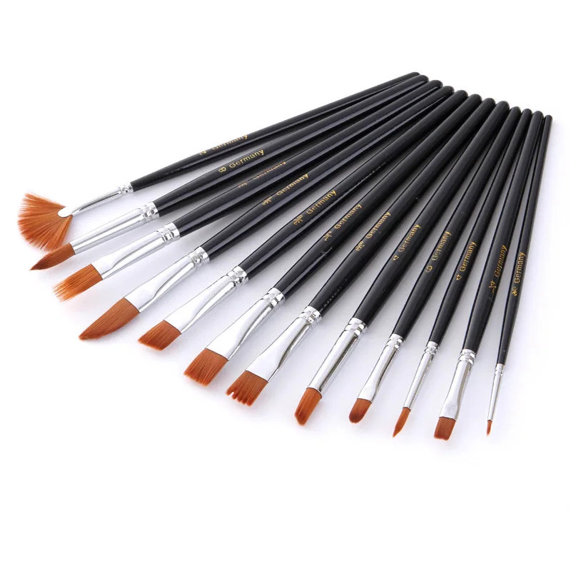 12pcs/set Watercolor Paint Brushes Nylon Hair Painting Brush Variety Style Short Rod Oil Acrylic Painting Brush Pen Art Supplies