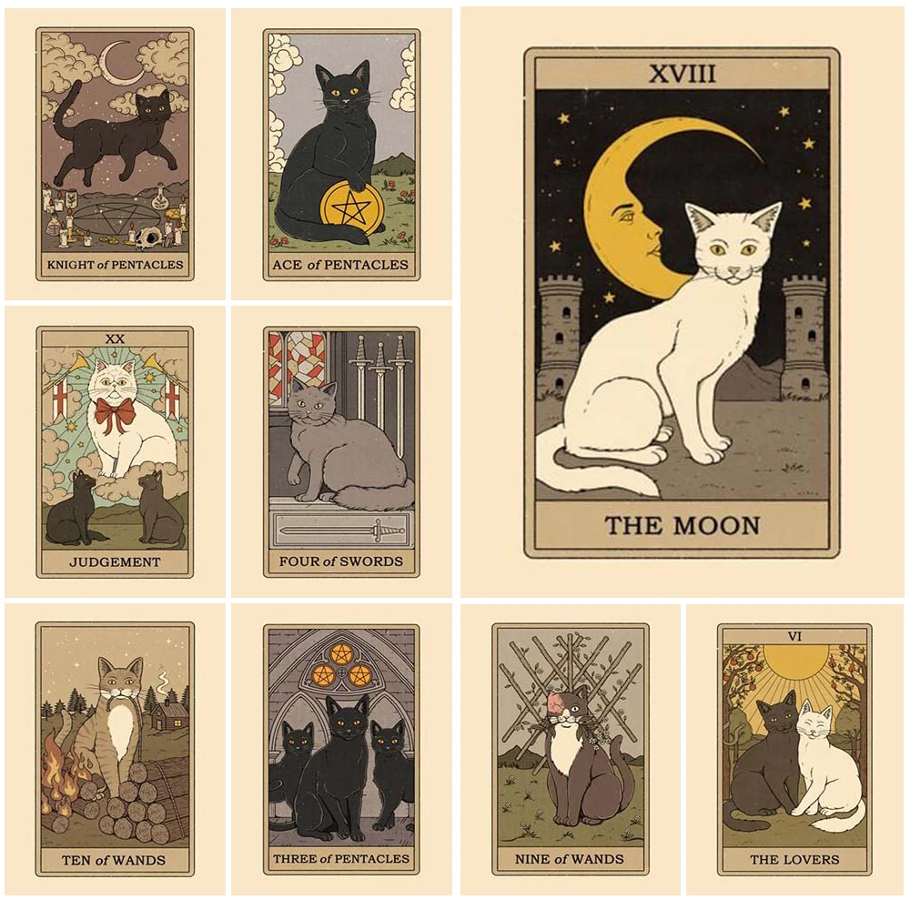 

Vintage Moon Cat Tarot Card Wall Art Canvas Painting Wall Pictures For Living Room Posters And Prints Home Decor Unframed
