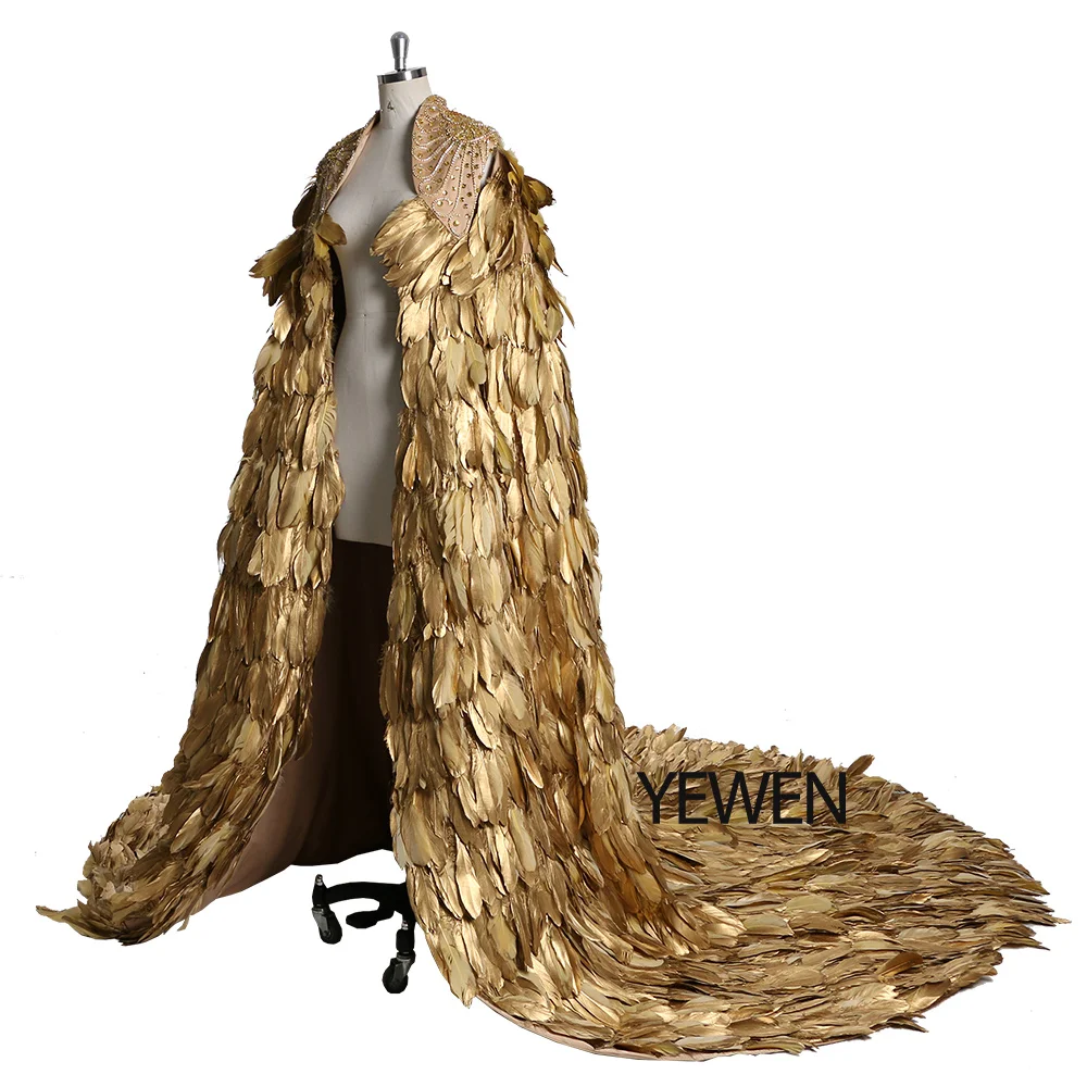 High Quality Dramatic Gold Feather Wedding Cape Floor Length Wedding Gown Jacket for Photo Shoot Pregnancy Shooting Dress YEWEN