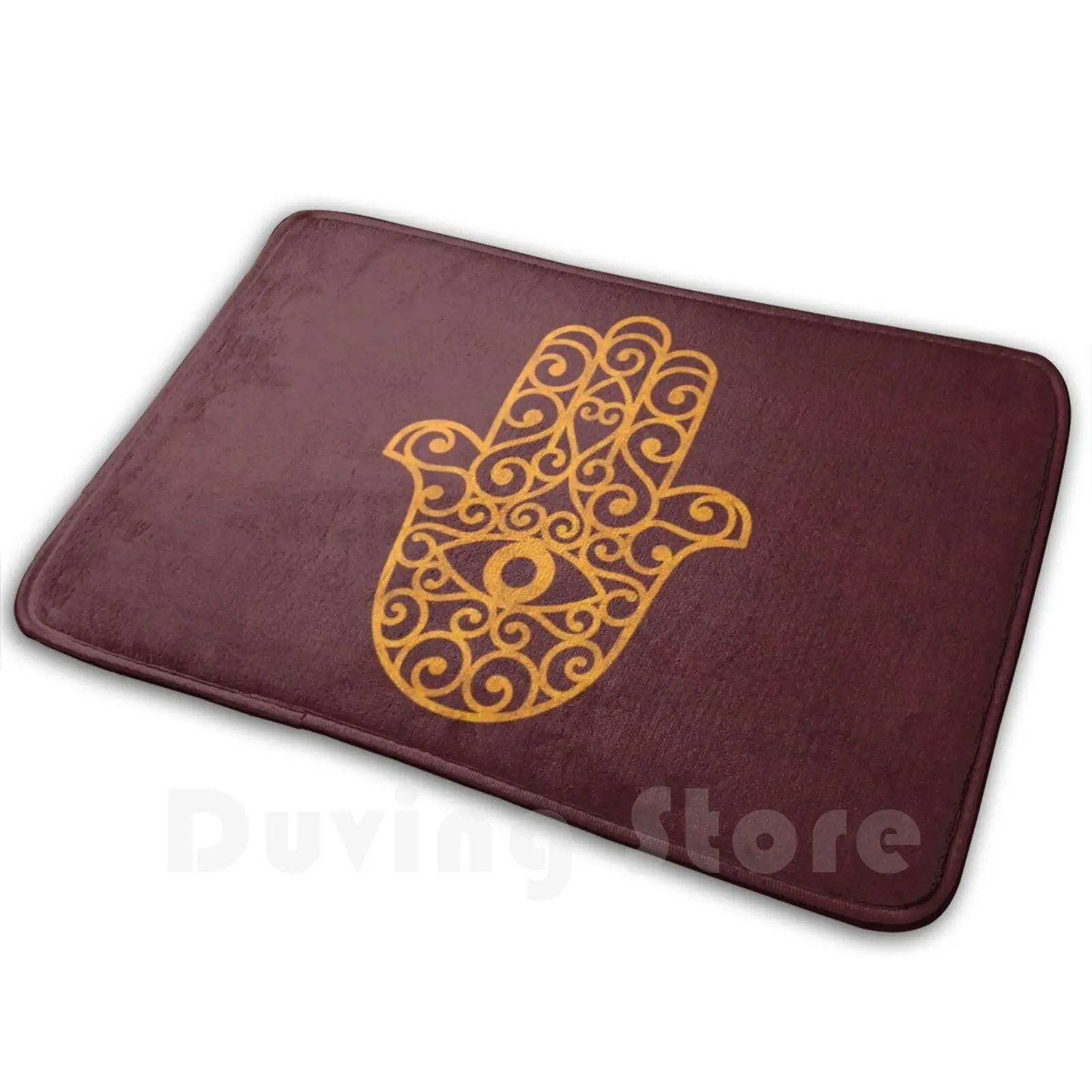 Classic Golden Hamsa Symbol On Red Textile Carpet Mat Rug Cushion Soft Arabic Hand Of Fatima Karma Zen Zen Buddhism